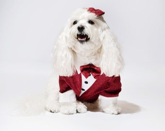 Custom Red Glitter Dog Tuxedo Suit for luxury dress up | Small Dog wedding attire | Dog Sweater Shirt Jacket | Pet Family Ring Bearer |