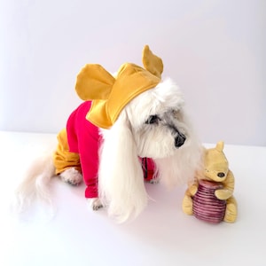 Puede incluir: Un perro blanco con un disfraz de Winnie the Pooh rojo y amarillo. El perro está mirando hacia la izquierda y tiene la lengua fuera. Una pequeña figura de Winnie the Pooh está sentada a la derecha de la imagen.