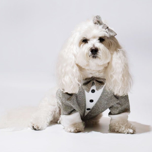 Luxury Silver Dog Tuxedo for Wedding Attire | Small Dog Wedding Suit | Formal Dog Wear | XS Custom Dog Clothes | Dress up for dogs