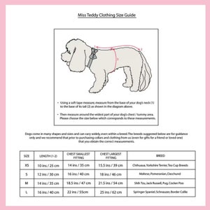 Miss Teddy Clothing Size guide shows how to measure your dog for custom sized clothing