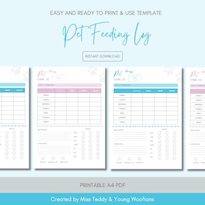 May include: Printable pet feeding log template in A4 size PDF format. The template has a light blue and pink color scheme with paw prints and a bone design. The log includes sections for meal times, medications, other notes, and a daily checklist.