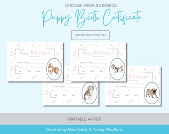 Pink Puppy Birth Certificate Printable PDF | Dog Certificate of Birth | Pet Birth Certificate | Breeder Birth Form | Personalised Breed