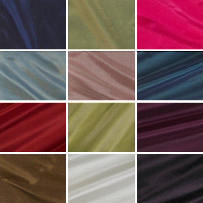 May include: A collection of 12 fabric swatches in various colors, including navy blue, green, pink, blue, brown, red, white, and black. The fabric has a smooth, silky texture.