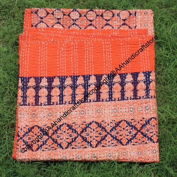 Indian Ajarkh Bedding Bedspread Cotton Kantha Quilt Throw Reversible Coverlets