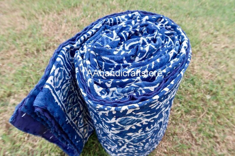 Twin Size Kantha Quilt Indigo Cotton Sari Kantha Blanket Indigo Dyed Cotton Kantha Bedspread Kantha Throw Natural Color Kantha Bed Cover