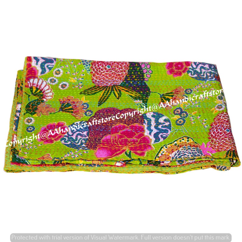 Indian Traditional Hand Stitched Floral Twin Size Kantha Quilt Reversible Blanket Bedspread Quilt Coverlet Bedcover Bohemian Muslin Voile