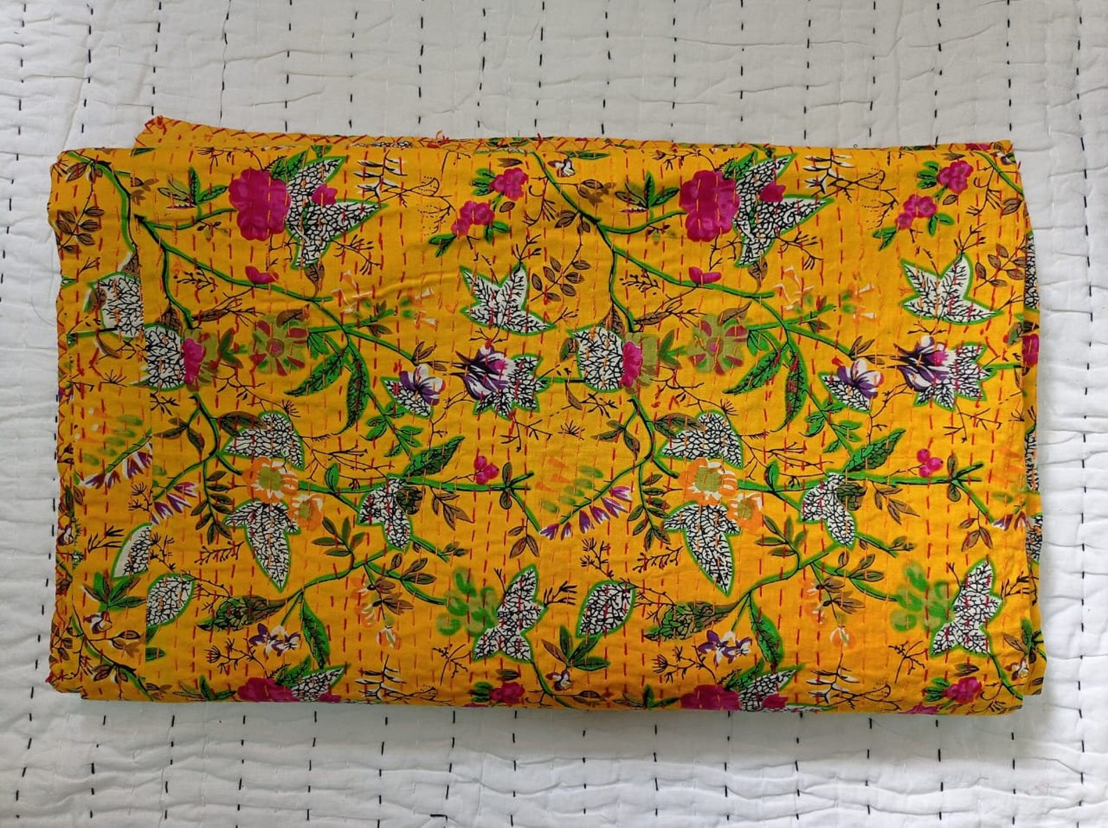 Indian Kantha Quilt Hand Stitched Yellow Color Cotton Fabric Etsy