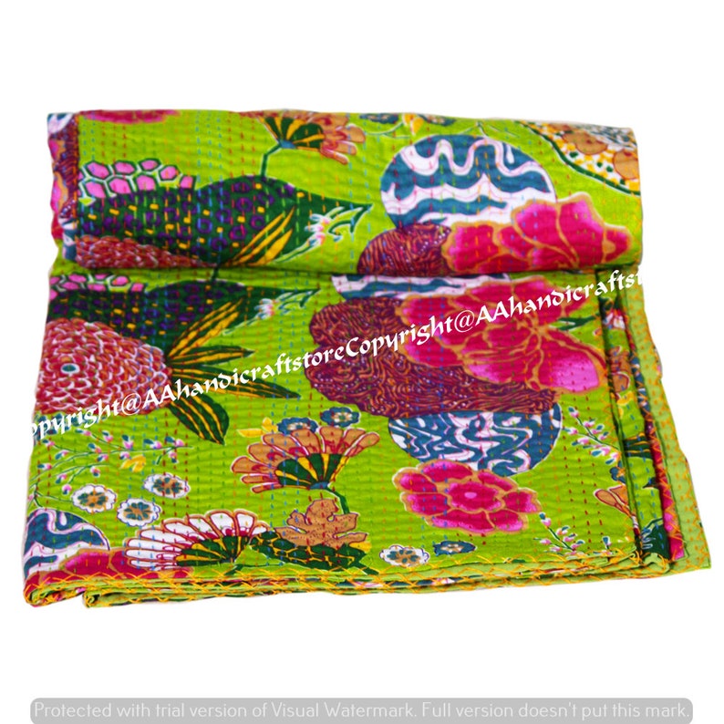 Indian Traditional Hand Stitched Floral Twin Size Kantha Quilt Reversible Blanket Bedspread Quilt Coverlet Bedcover Bohemian Muslin Voile