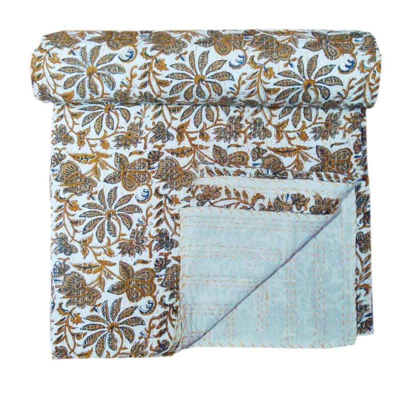 Reversible Bedding Bedspread Throw Kantha Blanket Indian Handmade Floral Printed Cotton Queen Size Kantha Quilts Reversible Quilts