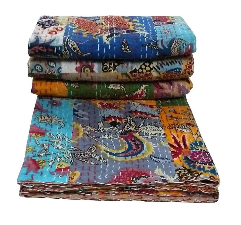 Indian Handmade Mukut Print Kantha Quilt Patchwork King Kantha Bedspread Bohemian Bedding Kantha Throw Blanket Bedspread KIng Size 90X108