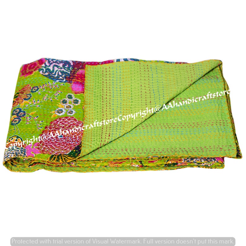 Indian Traditional Hand Stitched Floral Twin Size Kantha Quilt Reversible Blanket Bedspread Quilt Coverlet Bedcover Bohemian Muslin Voile