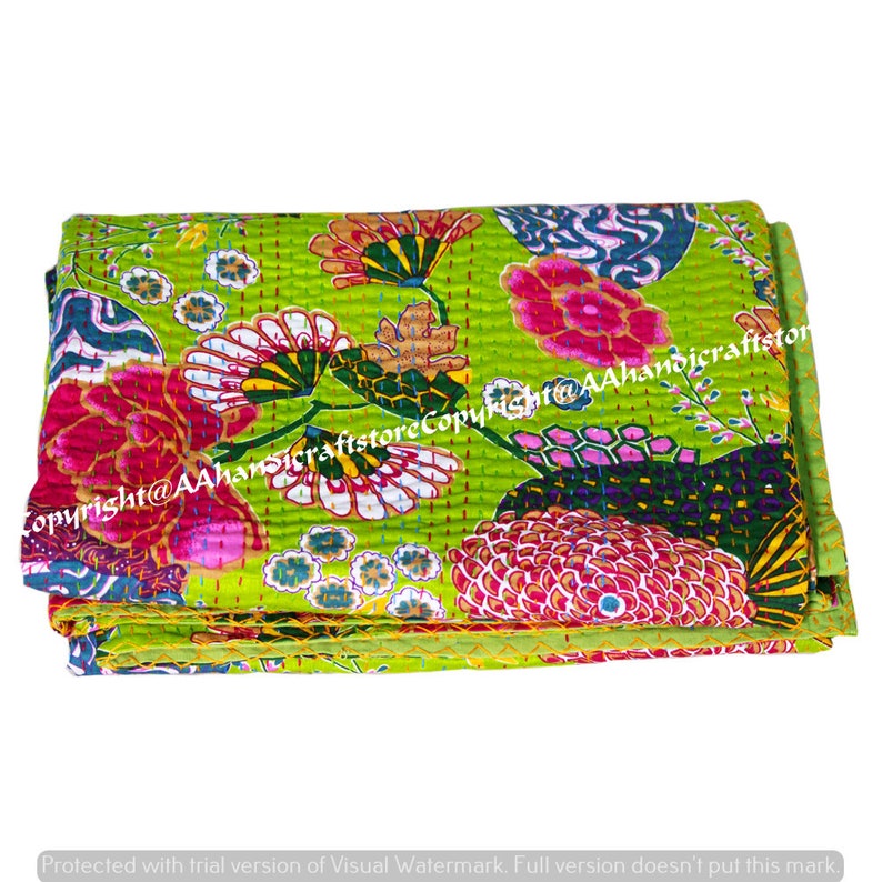 Indian Traditional Hand Stitched Floral Twin Size Kantha Quilt Reversible Blanket Bedspread Quilt Coverlet Bedcover Bohemian Muslin Voile