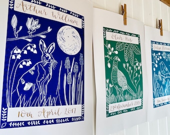 Hare in Spring - Original Handprinted A3 Linocut & Personalised Calligraphy Print - New Baby/Child’s Birthday/Anniversary/Engagement etc