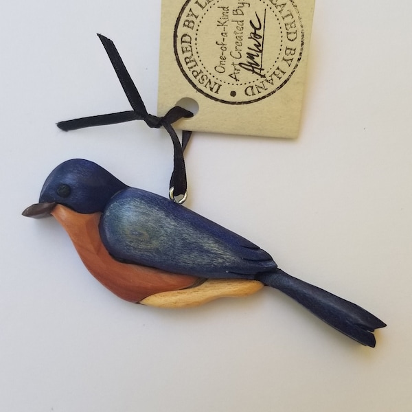 Blue Bird Magnet Ornament Intarsia Woodworking Wooden Songbird  Christmas Tree Wildlife  Scroll Saw