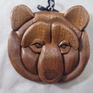 Bear Wooden Ornament Magnet Wood Carving Intarsia Woodworking Bear Head Christmas Tree Decor Scroll Saw