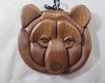 Bear Wooden Ornament Magnet Wood Carving Intarsia Woodworking Bear Head Christmas Tree Decor Scroll Saw