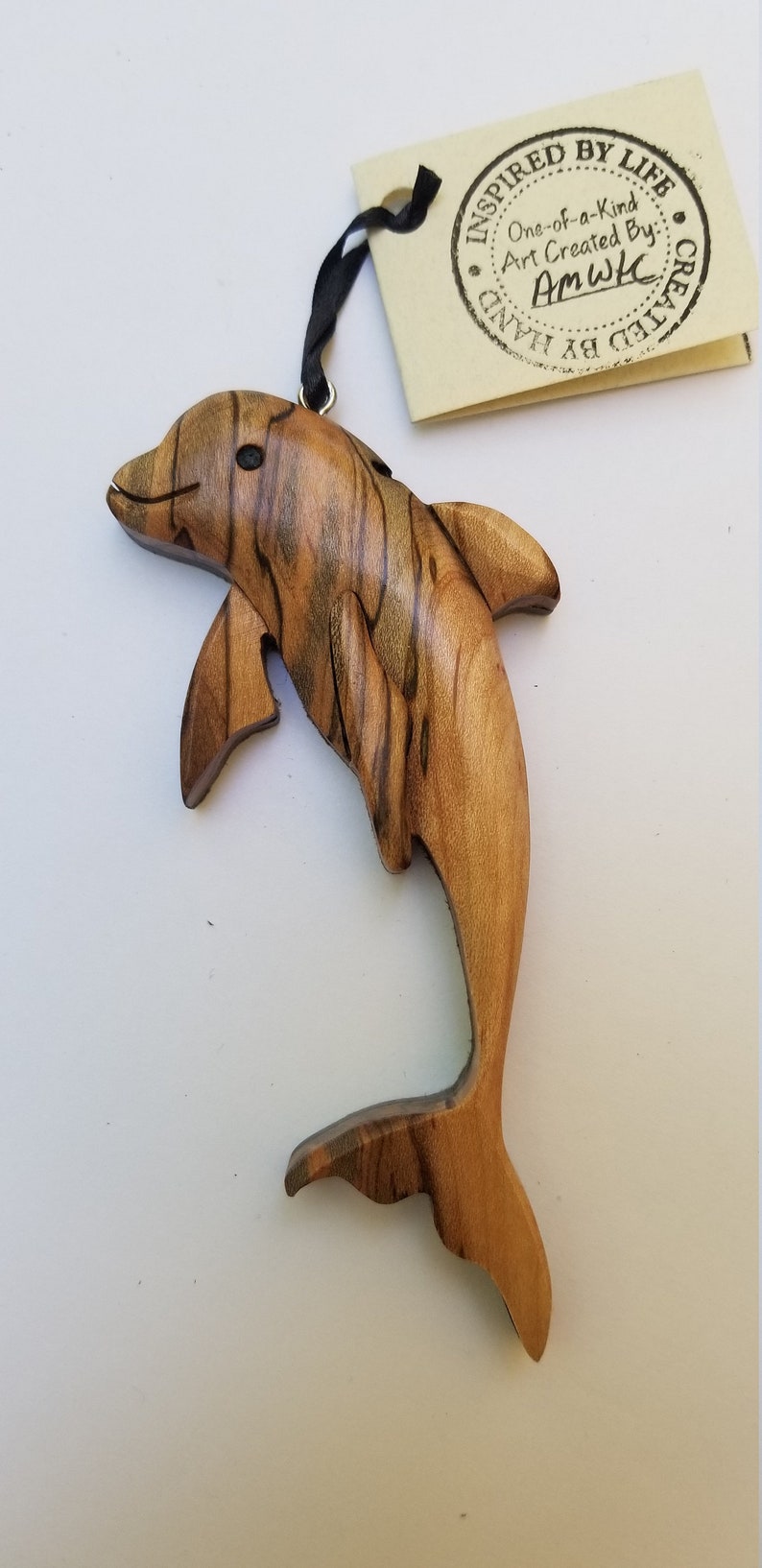 Dolphin Wooden Ornament Magnet Wood Carving Intarsia Sealife Beach Ocean Christmas Tree Decor image 1