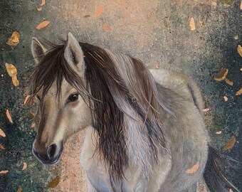 Liath Macha Painting: Irish Mythology Gray Horse with Copper Leaf in Autumn