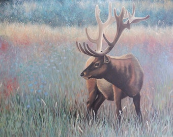 Bull Elk Painting, Of No Great Distance: Morning Mist & Wildflowers Art