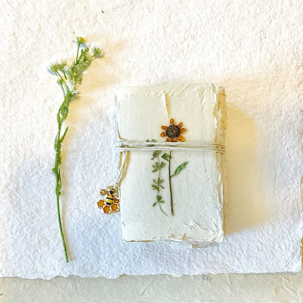 Handmade Wildflower Journal, Handmade Paper with Deckled Edges, Miniature Notebook