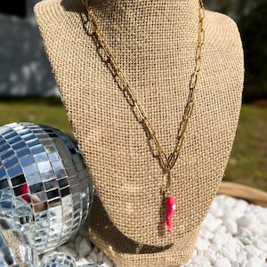 Pink Italian Horn Charm Necklace - White Stars Charm Necklace -  CZ Necklace - Gold Paperclip Necklace - Lucky Horn Necklace