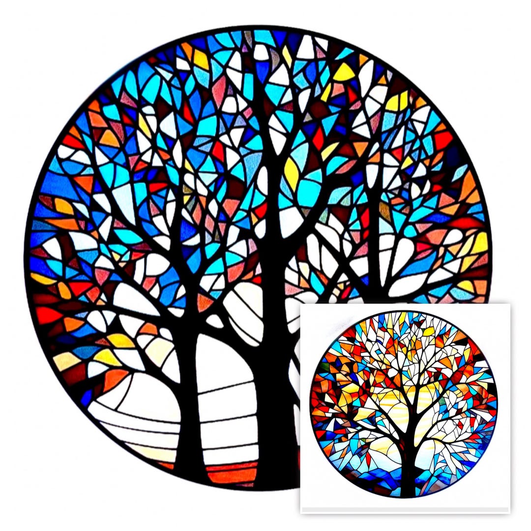 Colourful Tree Window Sticker Large Round Tree Window Sticker, 2page Stained Glass Effect Sun Catcher ...