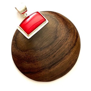 925 Sterling Silver & Wood Pendant and Red Coral, 1pcs 6cm, Natural Wood Necklace