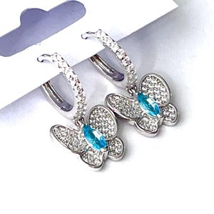 925 Sterling Silver Earrings Butterfly Dangle for a Little Girls Blue Designer Inspired, Summer Earrings for Kids, Gift for Girls