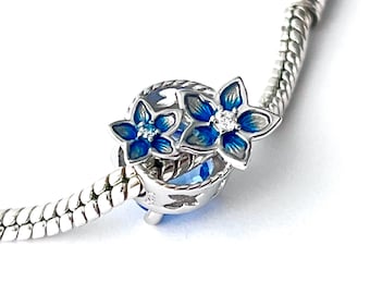 Blue Cherry Blossom Dangle Charm: Fits Pandora Bracelet Jewelry