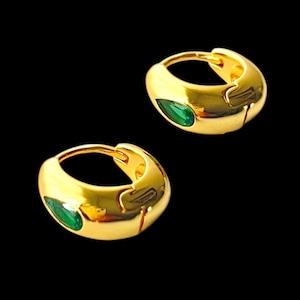 925 Sterling Silver 18k Gold Plated Luxury Designs Earring Thick Hoop Earrings with Stone Green Cubic Zirconia, Beast Gifts for Women, Girl