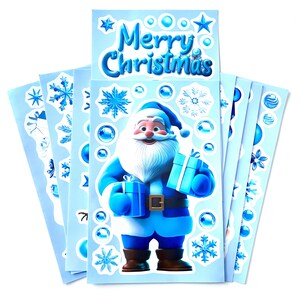 May include: A stack of light blue Christmas sticker sheets. The stickers feature a cartoon Santa Claus holding gifts, snowflakes, and the text "Merry Christmas" in blue. The Santa Claus has a white beard and is wearing a blue suit and hat.