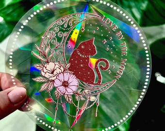 Cat and Moon Suncatcher Sticker: Rainbow Prism Window Decal