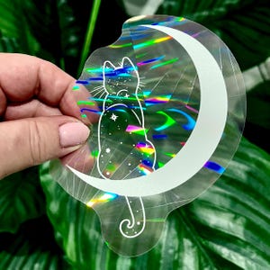 Cat and Moon  Rainbow Suncatcher  Window Sticker, Prism Suncatcher Sticker, Sun Catcher Vinyl Sticker, Colorful Suncatcher Decal