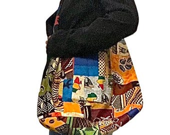 Shoulder bag in dyed patchwork fabric and African wax, sports bag with wide straps, messenger bag, walking bag, beach bag.