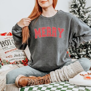 Merry Varsity Sweatshirt - College Style- Christmas Season - Gift For Her -Christmas Spirit - Washed And Worn -Comfort Colors Sweatshirt