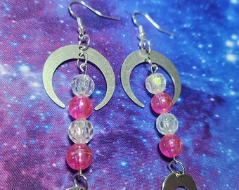 Silver Double Moon Pink Dangle Drop Earrings