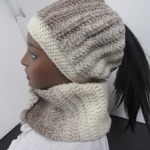 Ivory and brown lined pepper messy bun, slouch hat and infinity cowl neck scarf set, crochet hat and scarf set, adjustable hair pocket