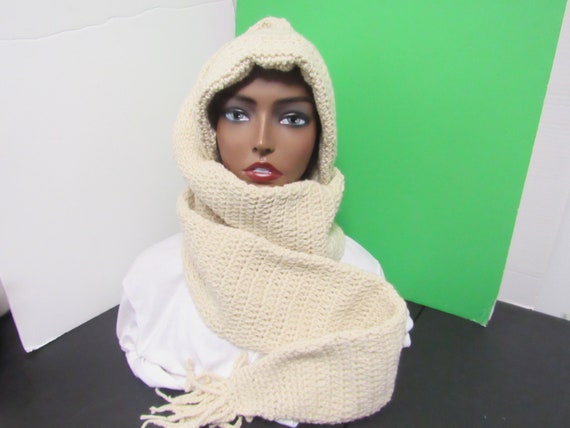 Women Beige White Hooded Scarf Winter Beanie Hats Beanies Knitted Crochet Hat Beige Crochet Hooded Scarf, Winter White Beanie Set - Etsy main image 4
