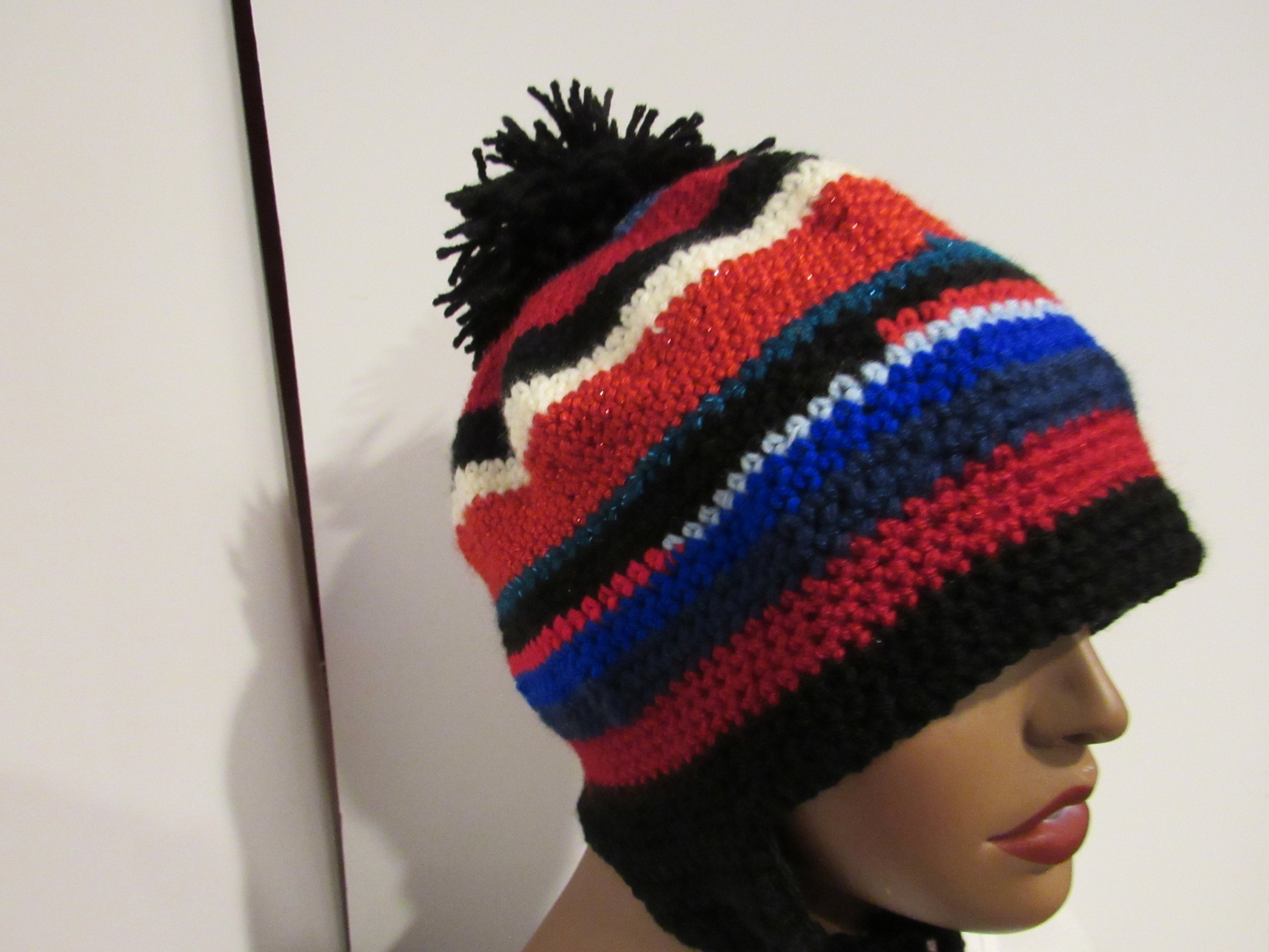 Striped Crochet Beanie With Pom Pom, Ear Flaps & Ties - Etsy display picture 1