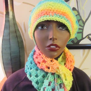 Rainbow multicolor handmade, crochet hat and scarf set, granny square lined hat and scarf style, winter beanies, hats, women hats