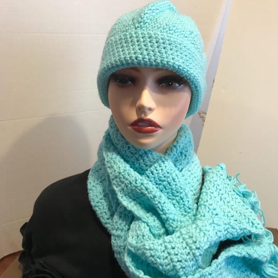 Aqua Crochet Beanie and Extra Long Scarf Set, Lined Hat  display picture 1