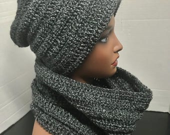 Salt and pepper black winter hat and infinity scarf set, hats with lining