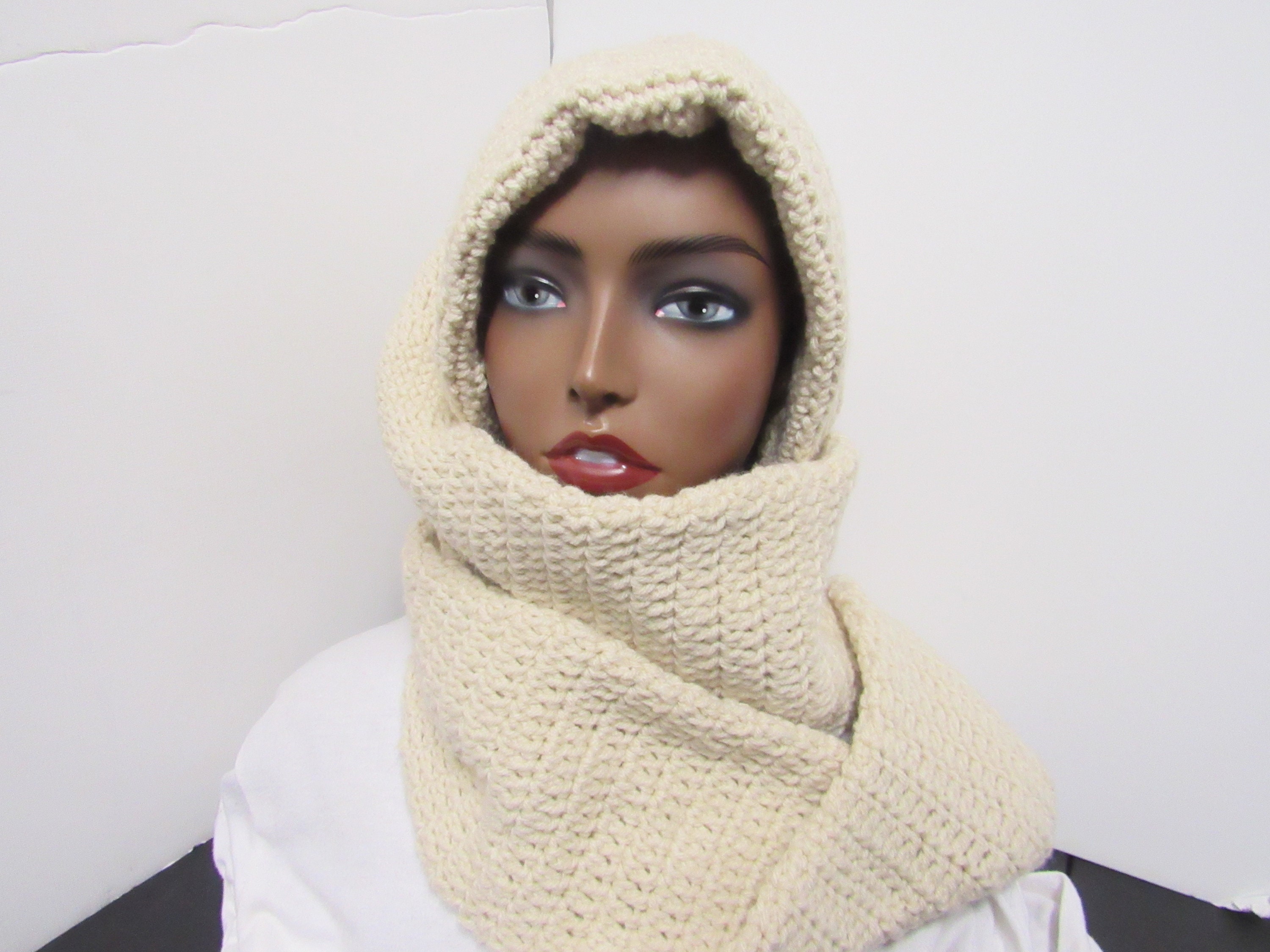 Women Beige White Hooded Scarf Winter Beanie Hats Beanies Knitted Crochet Hat Beige Crochet Hooded Scarf, Winter White Beanie Set - Etsy main image 3