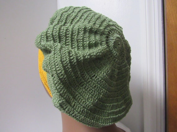 Olive Green and Yellow/gold Crochet Cotton Beret, Handmade 