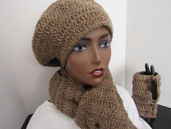 Handmade, Crochet Brown Salt and Pepper Winter Hat and Scarf  display picture 3