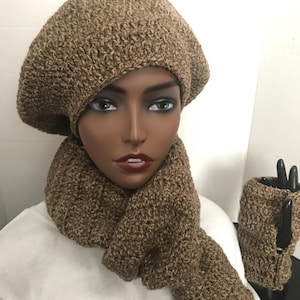 Handmade, crochet Brown salt and pepper winter hat and scarf set with open fingerless mittens, hats with lining, winter beret winter beanies