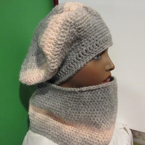 Satin lined, Wool blend lined gray and pink hat with cowl neck scarf, beret and infinity scarf set, hat, hat and scarf, winter berets