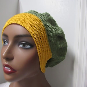 Olive green and Yellow/gold crochet cotton beret, handmade berets, summer hats, berets, French hats, spring hats, beanies
