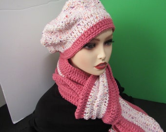 Pink salt/pepper rose lined Beret and scarf set, crochet hat and scarf, beanie and scarf set, hats with lining, gifts, Christmas gifts
