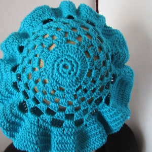 Satin lined Turquoise blue handmade cotton crochet summer, spring beret, granny square hats slouchy beanies, tams